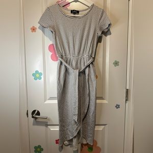 Lulus Sun Swept Black and White Striped belted Midi Dress